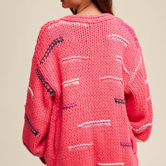 Hot Pink Chunky Hand Crochet Boho Front Pocket Cardigan - Picture 4 of 4